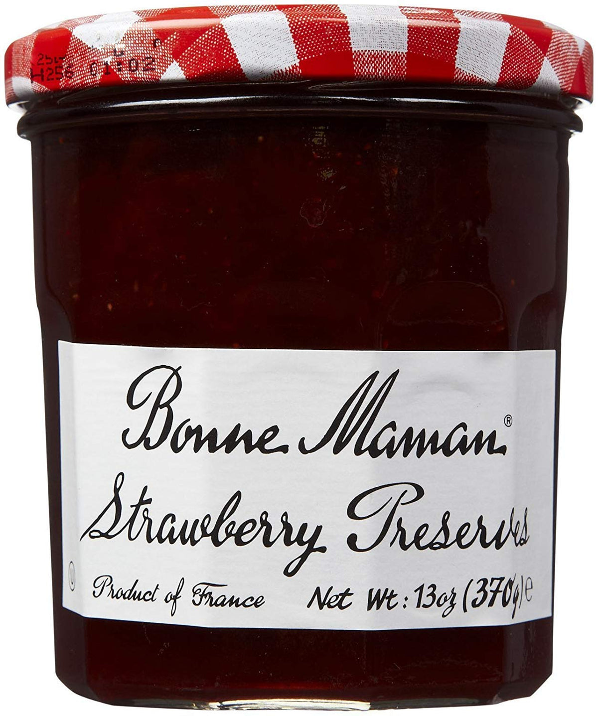 Bonne Maman Strawberry Preserve jar highlighting real fruit flavor for toast and pastries.