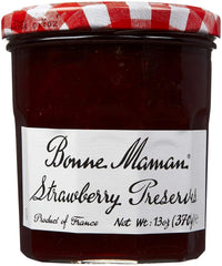Bonne Maman Strawberry Preserve jar highlighting real fruit flavor for toast and pastries.