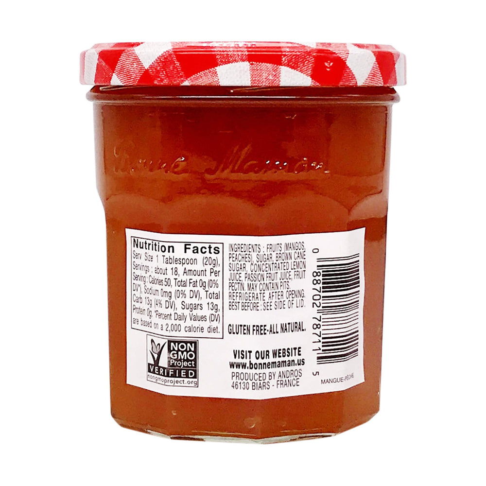Bonne Maman Mango Peach jar tilted; inviting, traditional recipe heritage on display