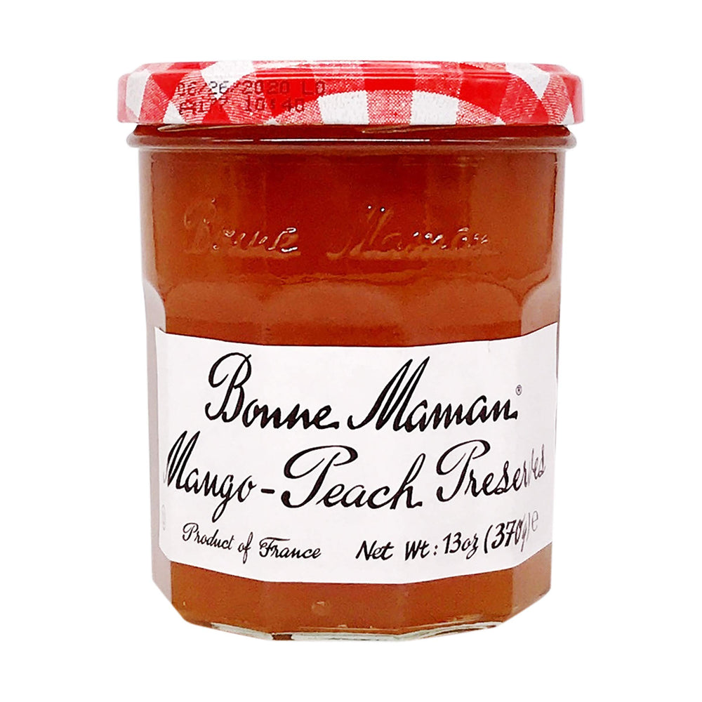 Bonne Maman Mango Peach preserves jar; pure fruit flavor for breakfast toast