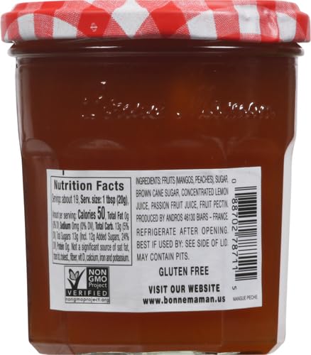 Bonne Maman Mango Peach label close-up; showcases natural ingredients and authentic heritage