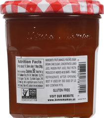 Bonne Maman Mango Peach label close-up; showcases natural ingredients and authentic heritage