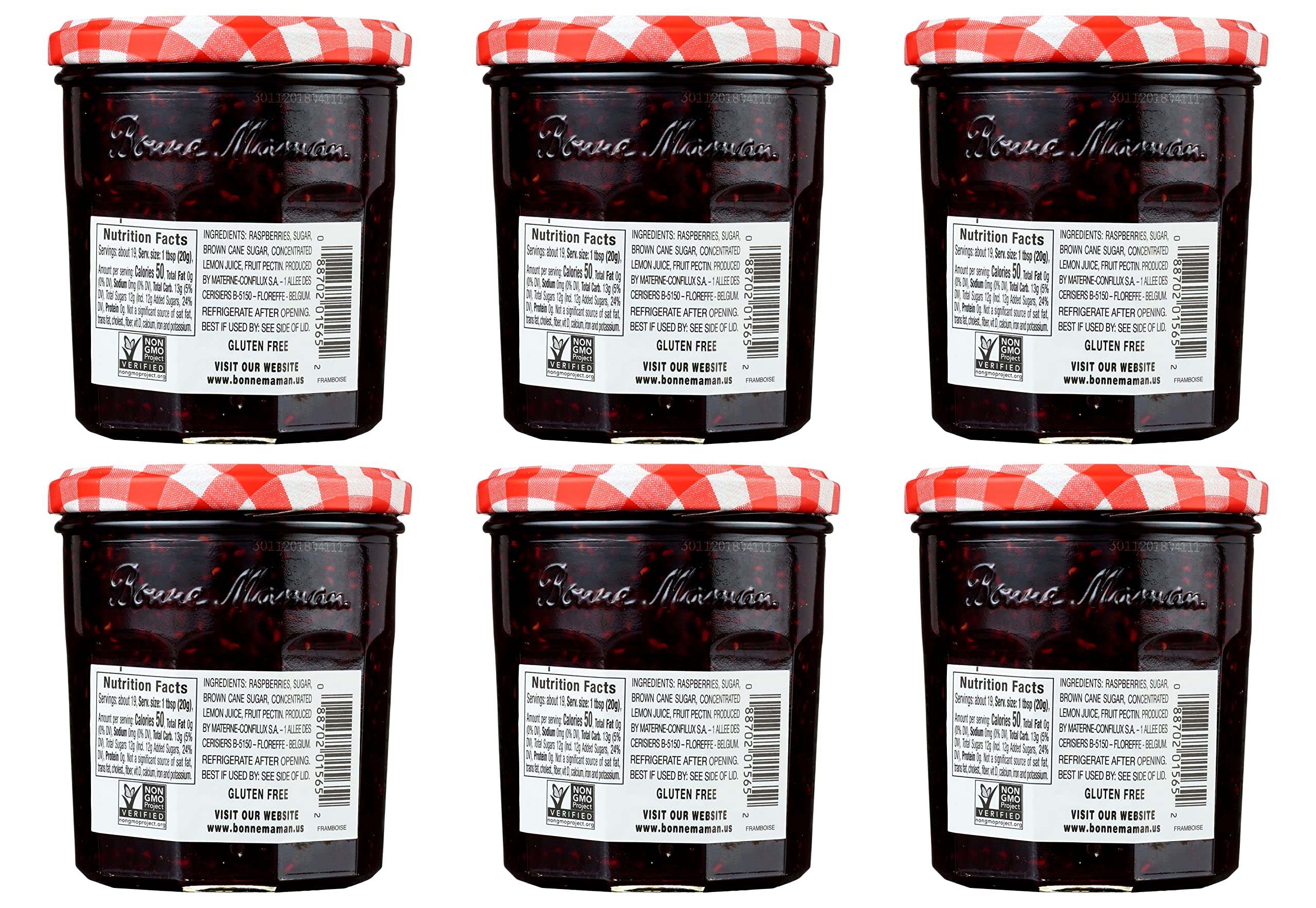 Bonne Maman raspberry preserves jar pour showcasing vibrant fruit for desserts