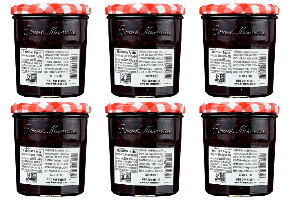 Bonne Maman raspberry preserves jar pour showcasing vibrant fruit for desserts
