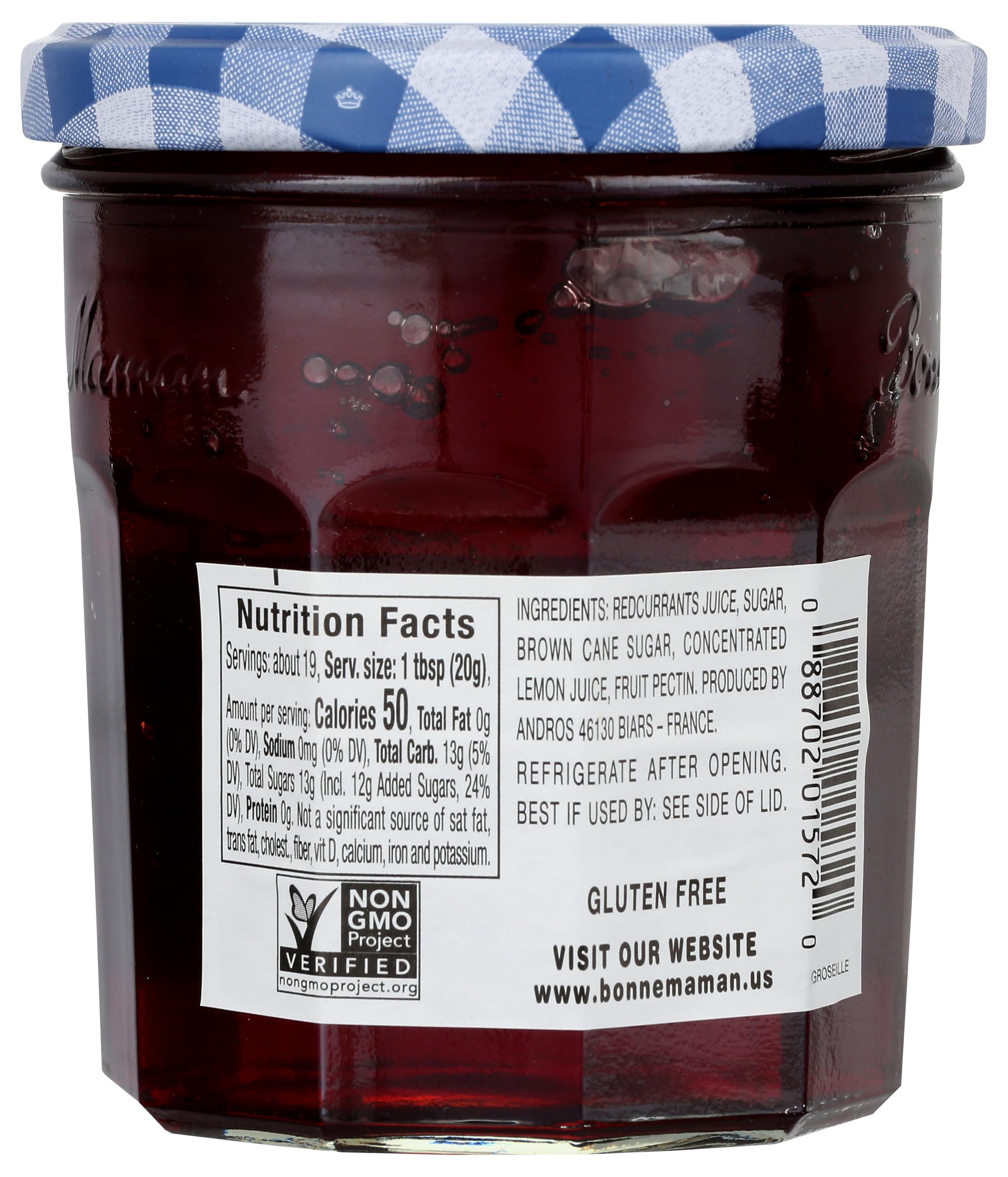 Closeup of the Bonne Maman red currant jelly label, classic French preserve branding.