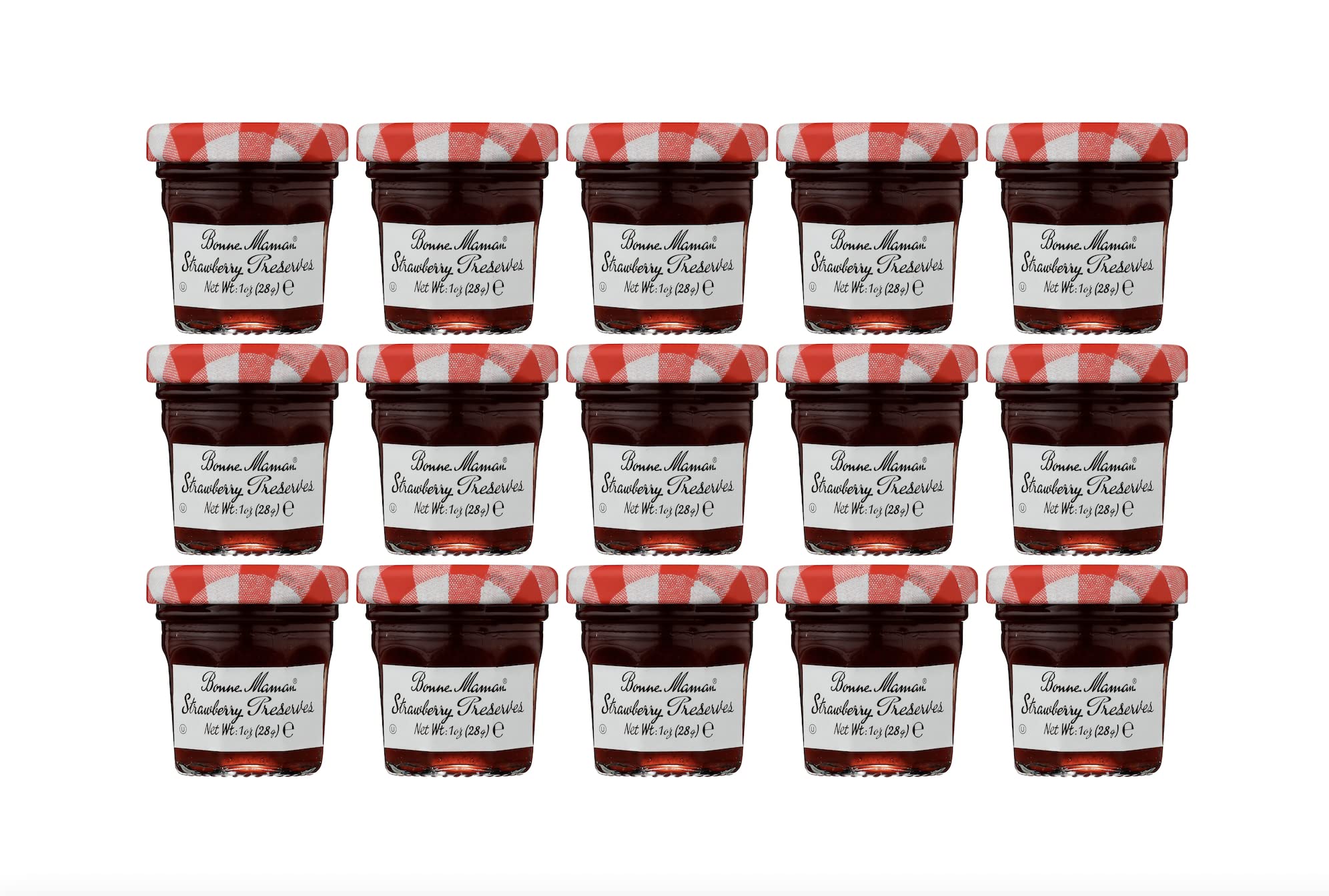 Bonne Maman Strawberry Preserves 15-pack jars for quick breakfasts.