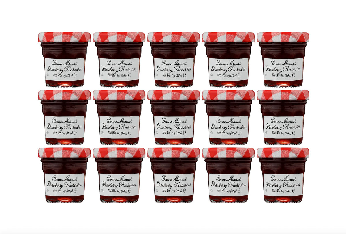 Bonne Maman Strawberry Preserves 15-pack jars for quick breakfasts.