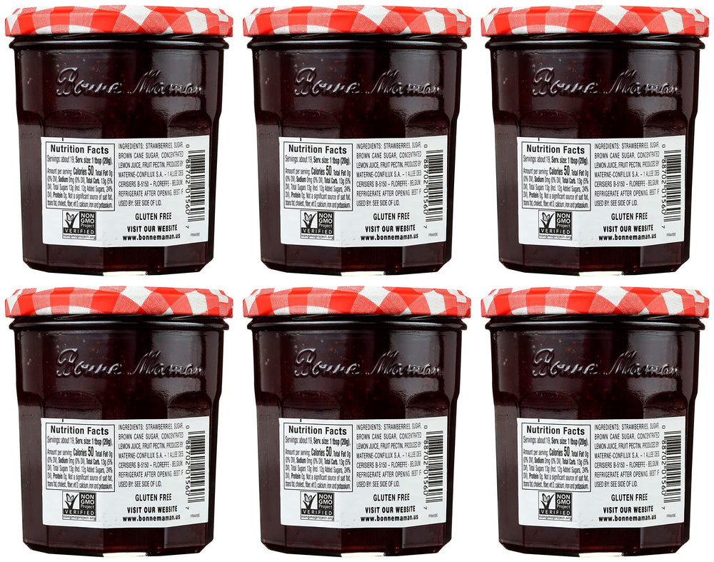 Bonne Maman Strawberry Preserves jar with spoon, tasting the fruit-forward sweetness.