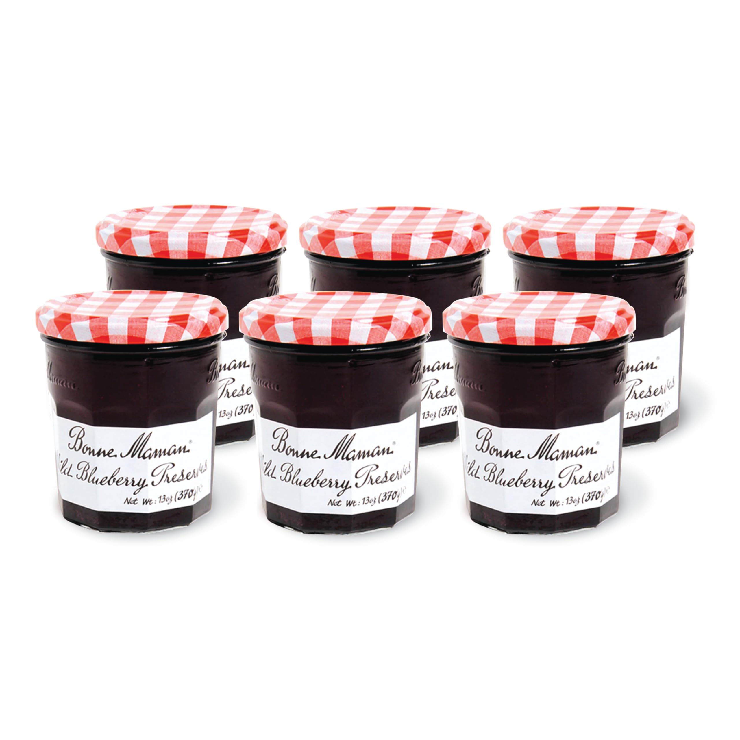 Bonne Maman wild blueberry preserves in a 13-oz jar, vibrant fruit flavor for breakfasts.