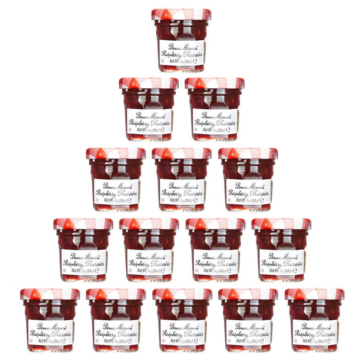 Bonne Maman Raspberry Mix Preserve mini jar, 70% fruit content, ideal for toast and cheese boards.