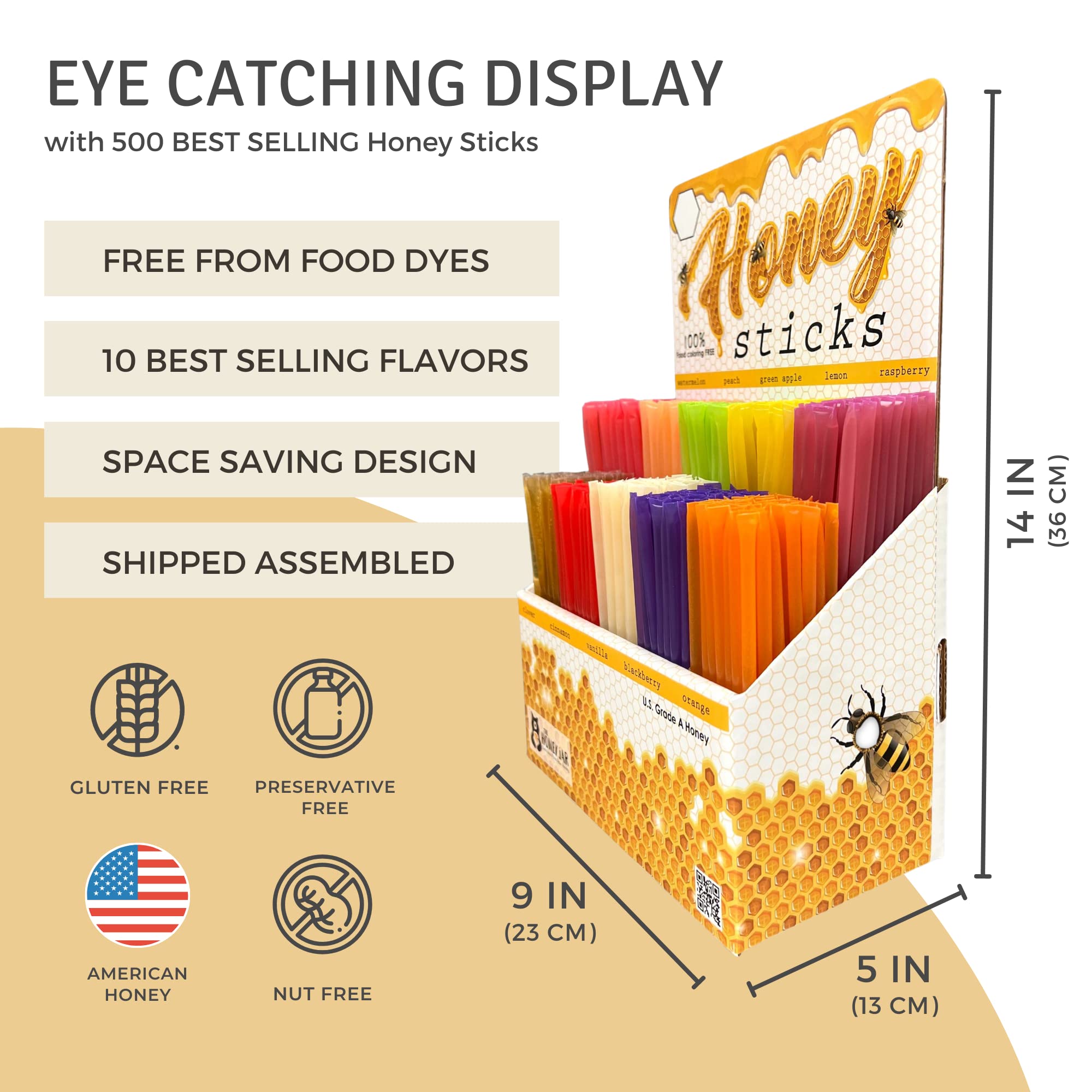 Close-up of Bonneville honey sticks in assorted flavors for shoppers