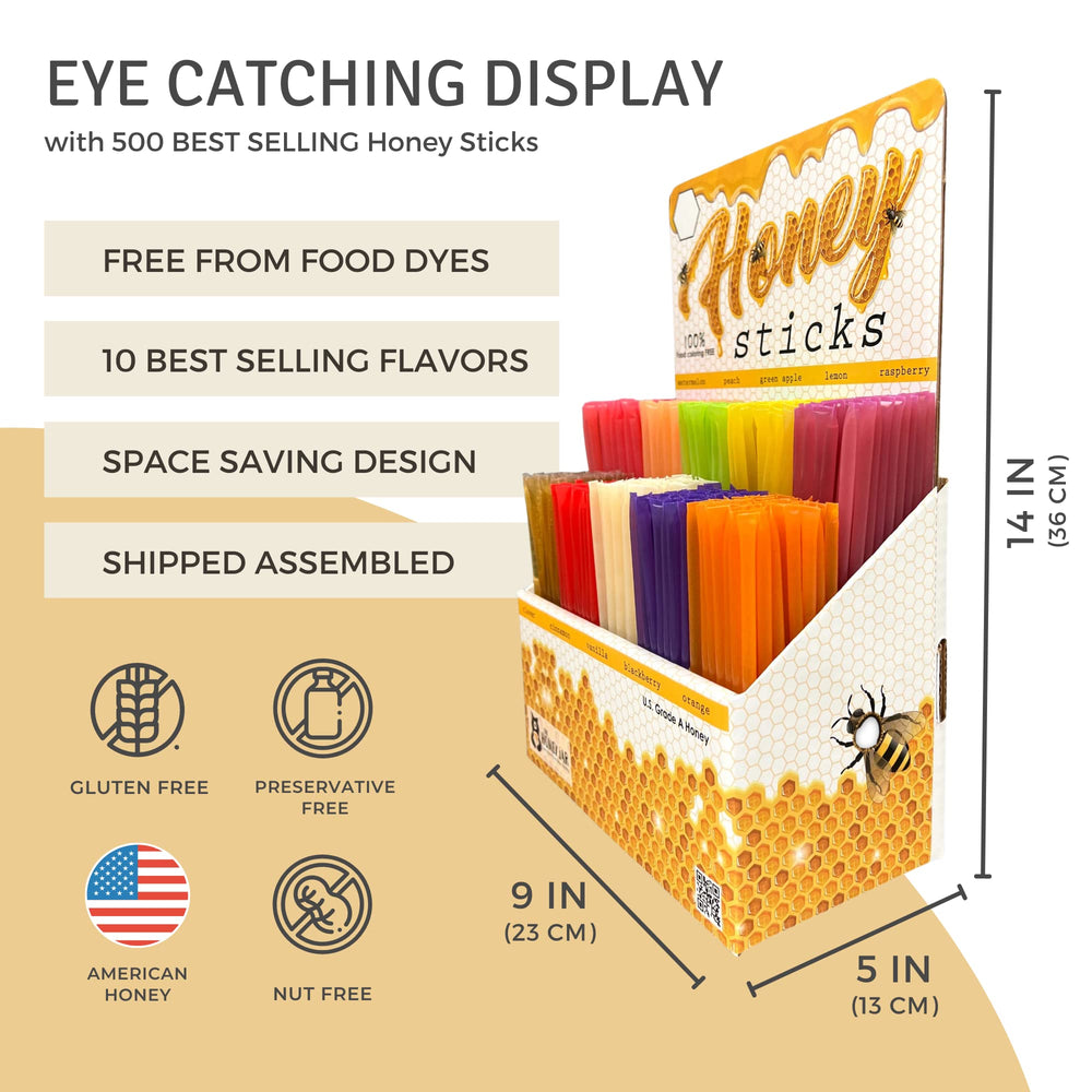 Close-up of Bonneville honey sticks in assorted flavors for shoppers