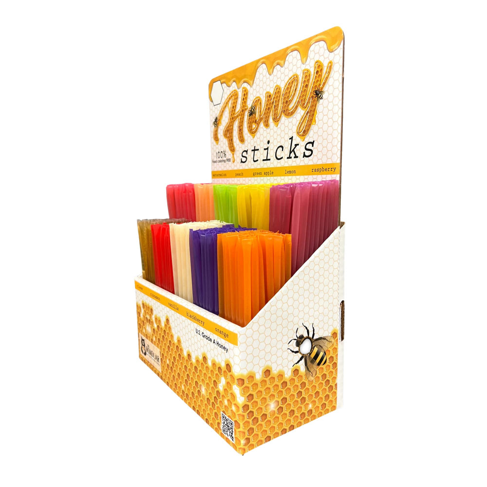 Retail cardboard display of Bonneville honey sticks for in-store merchandising