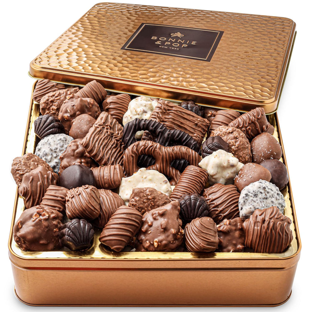 Bonnie and Pop chocolate gift basket keepsake tin with assorted chocolates for celebrations.