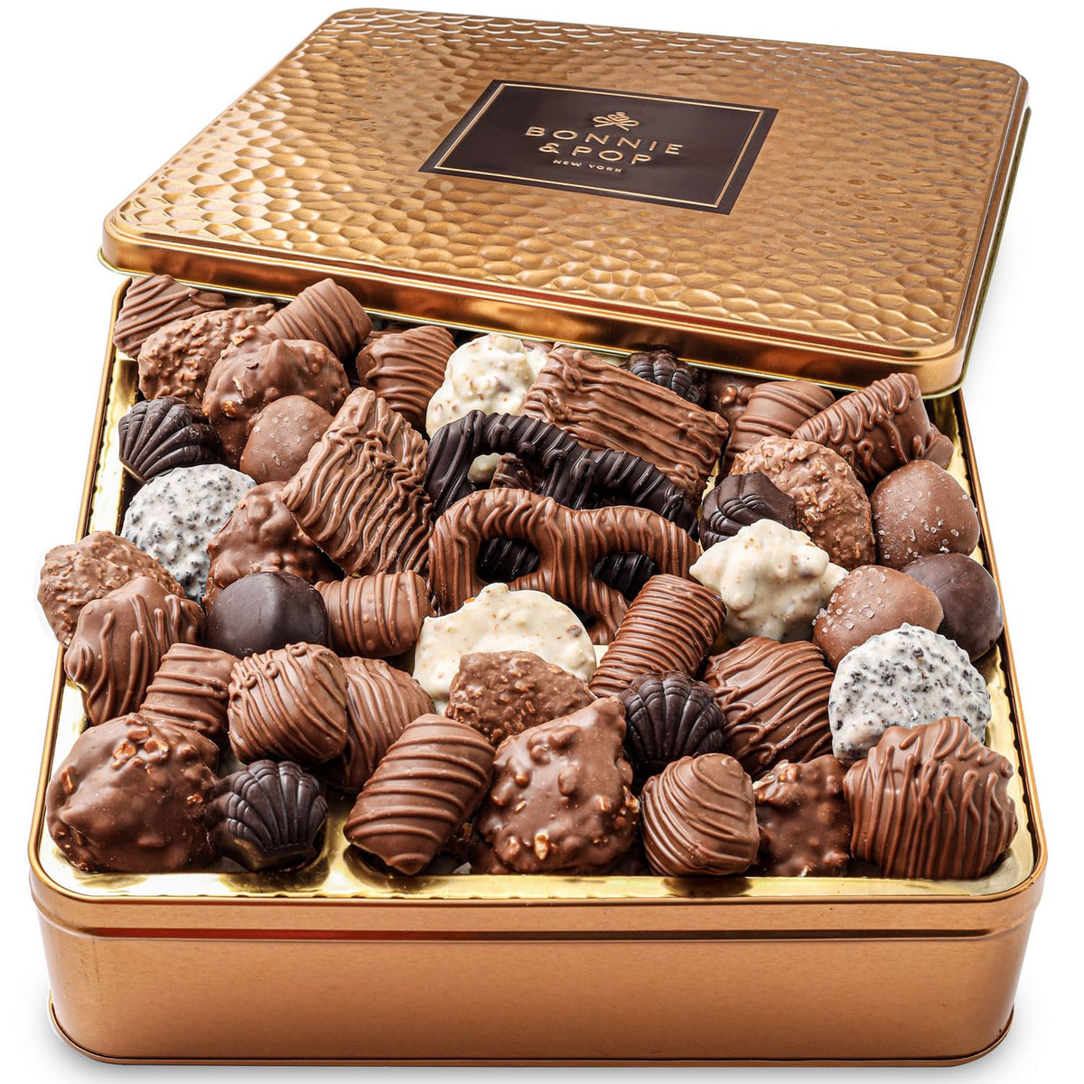 Bonnie and Pop chocolate gift basket keepsake tin with assorted chocolates for celebrations.