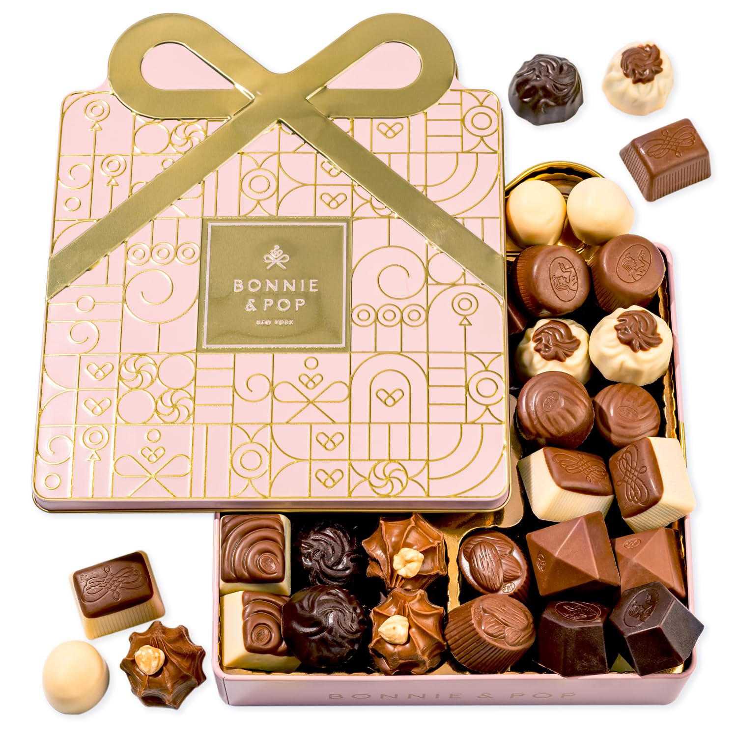 BONNIE AND POP chocolate gift basket in a pink box with Belgian truffles for romantic gifting.