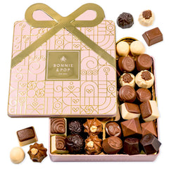 BONNIE AND POP chocolate gift basket in a pink box with Belgian truffles for romantic gifting.