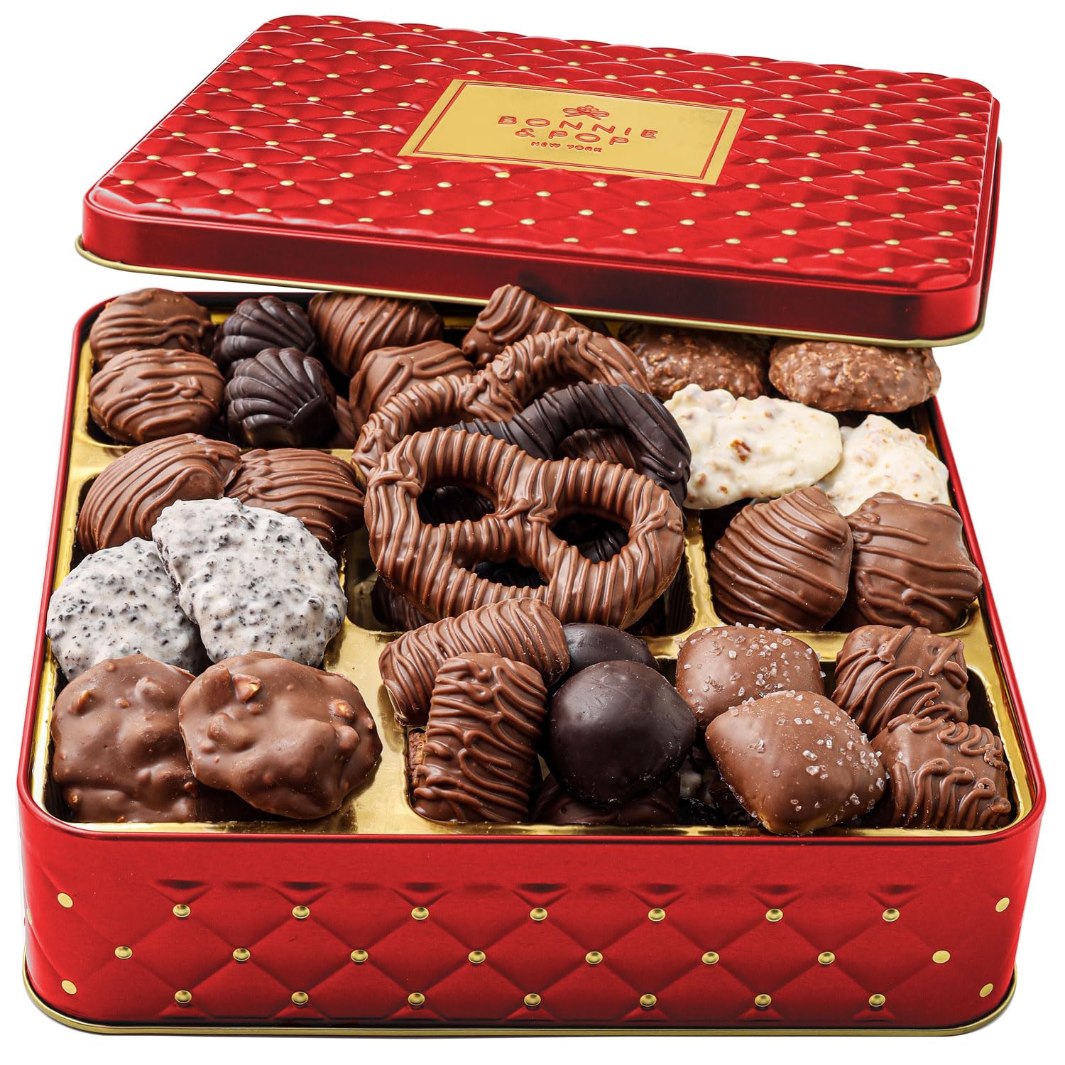 Bonnie and Pop chocolate gift basket with assorted chocolates for holiday gifting.