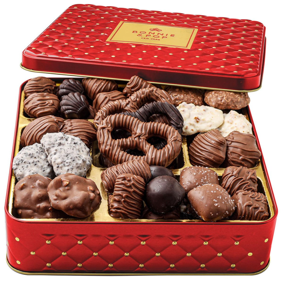 Bonnie and Pop chocolate gift basket with assorted chocolates for holiday gifting.