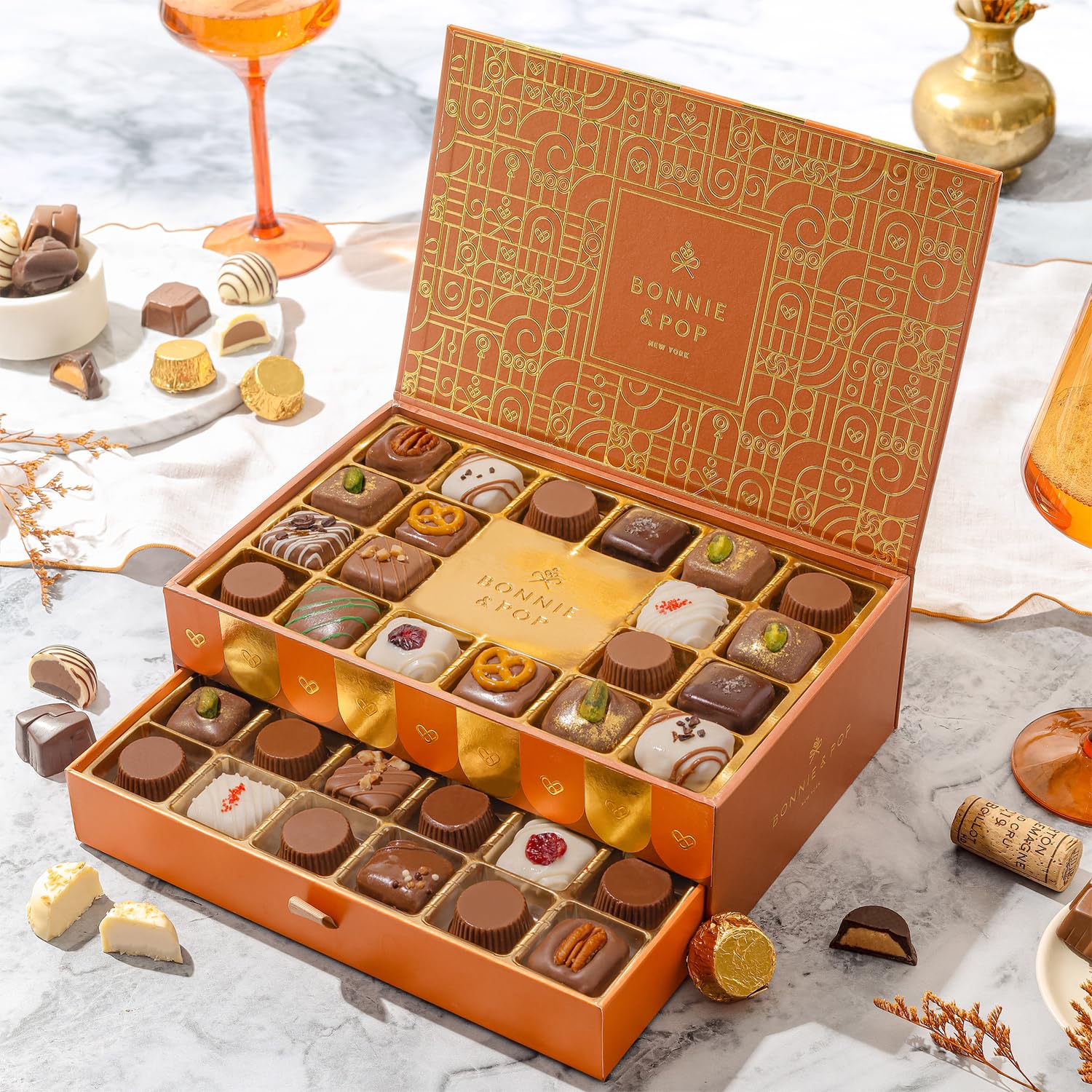 Bonnie and Pop elegant gift presentation with drawer-style bottom shelf.