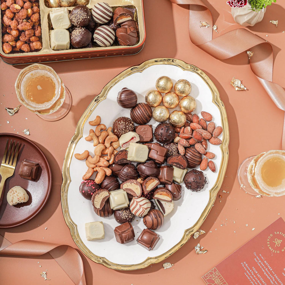 BONNIE AND POP festive packaging highlights the holiday chocolate gift basket.