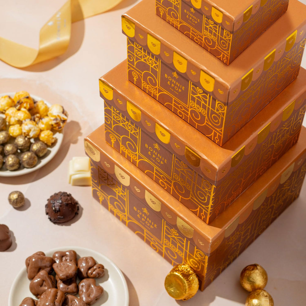 Bonnie and Pop chocolate box close-up highlights Sparkling Prosecco Cordials for gifting