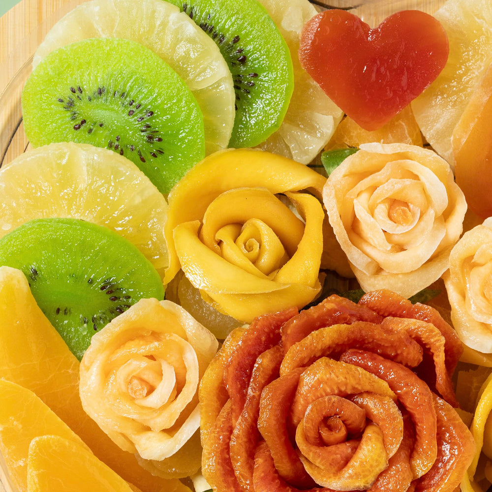 Bonnie and Pop tropical fruit assortment on a tray, ideal for sharing.
