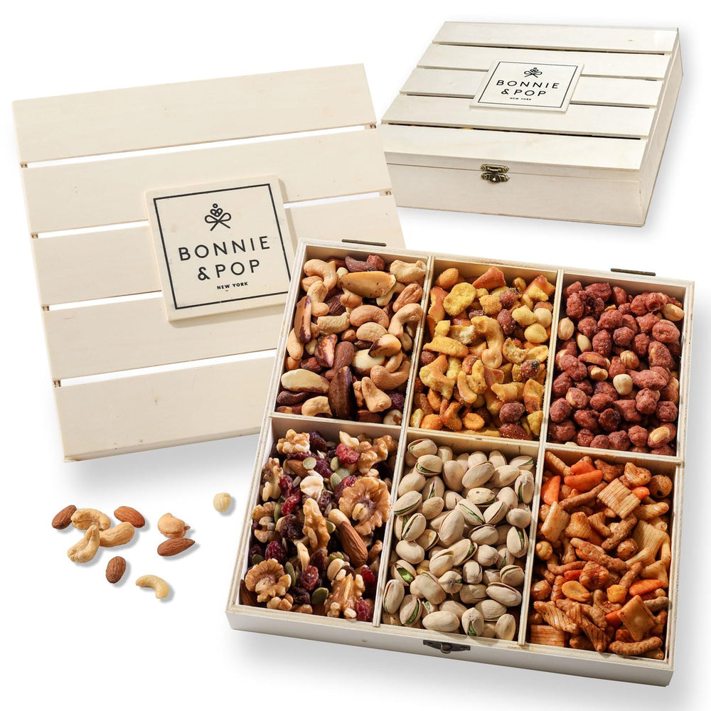 Bonnie and Pop Nut Gift Basket in wooden crate for thoughtful gifting