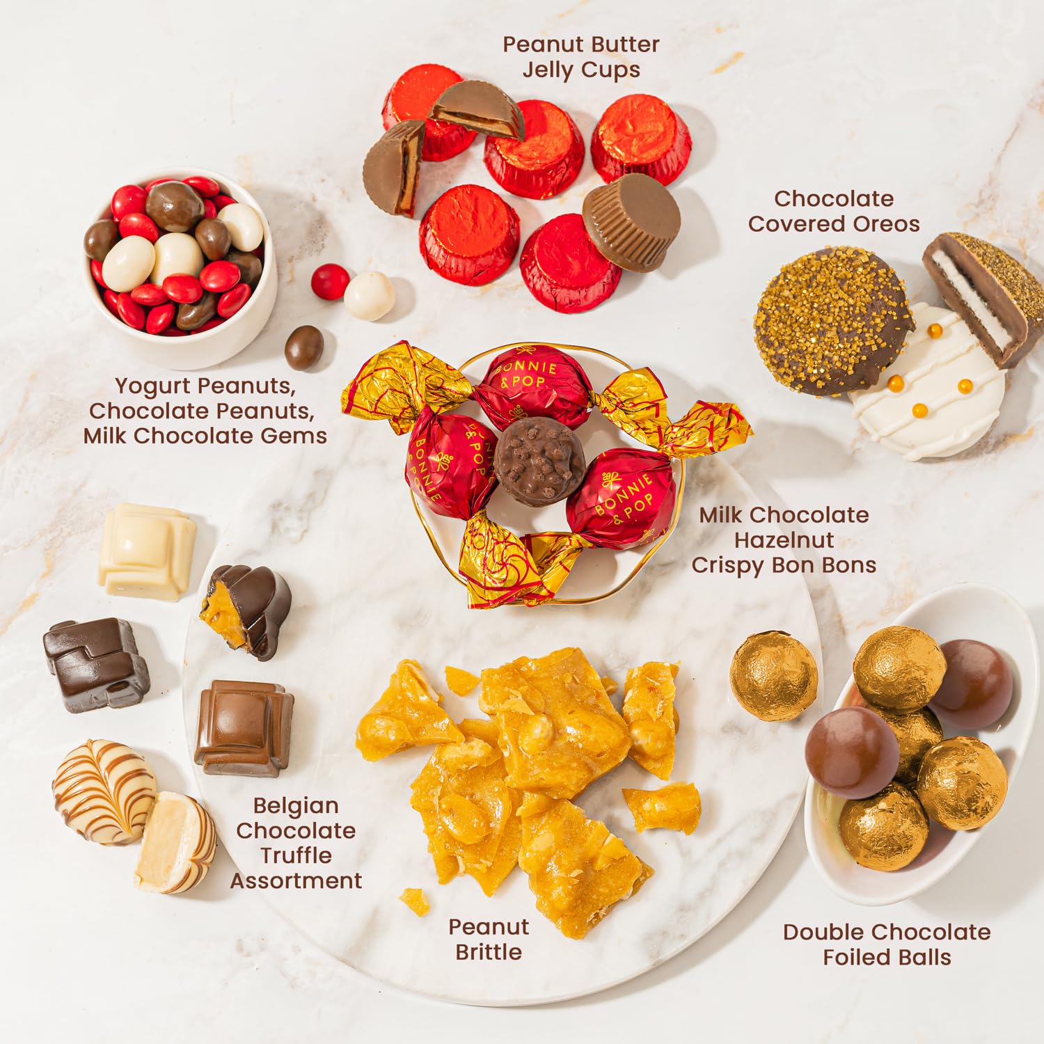 Bonnie and Pop red and gold bon bons offer festive sweetness.