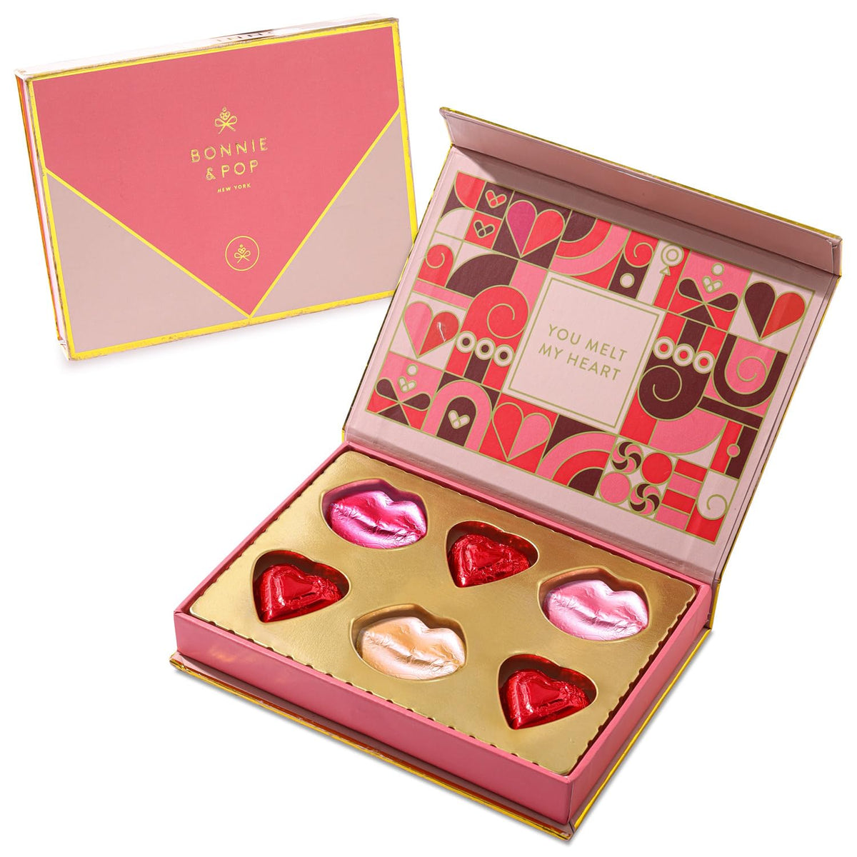 BONNIE AND POP Valentine's card gift box with six wrapped chocolates, ideal romantic gift.