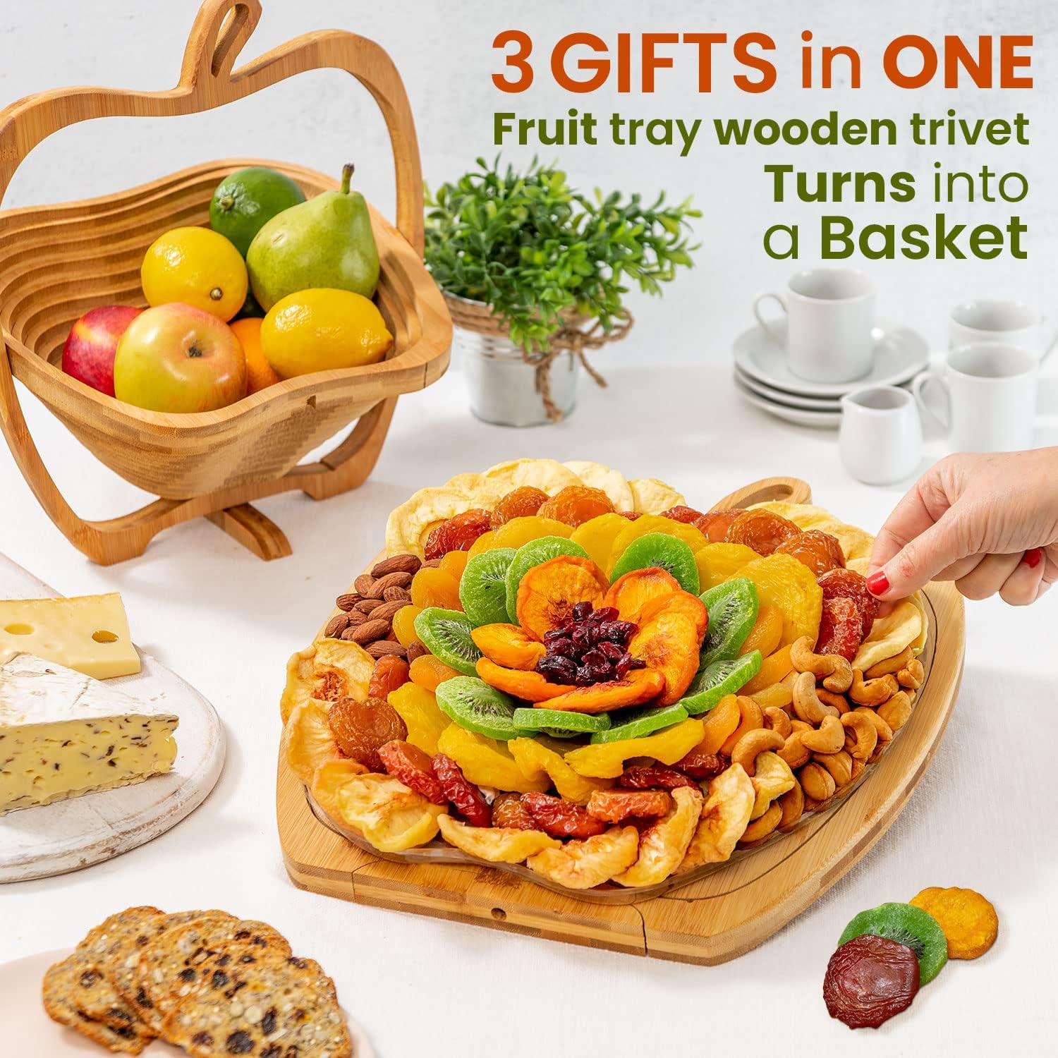 Bonnie and Pop wooden tray used as a trivet, cutting board, or fruit bowl for gifting and entertaining.
