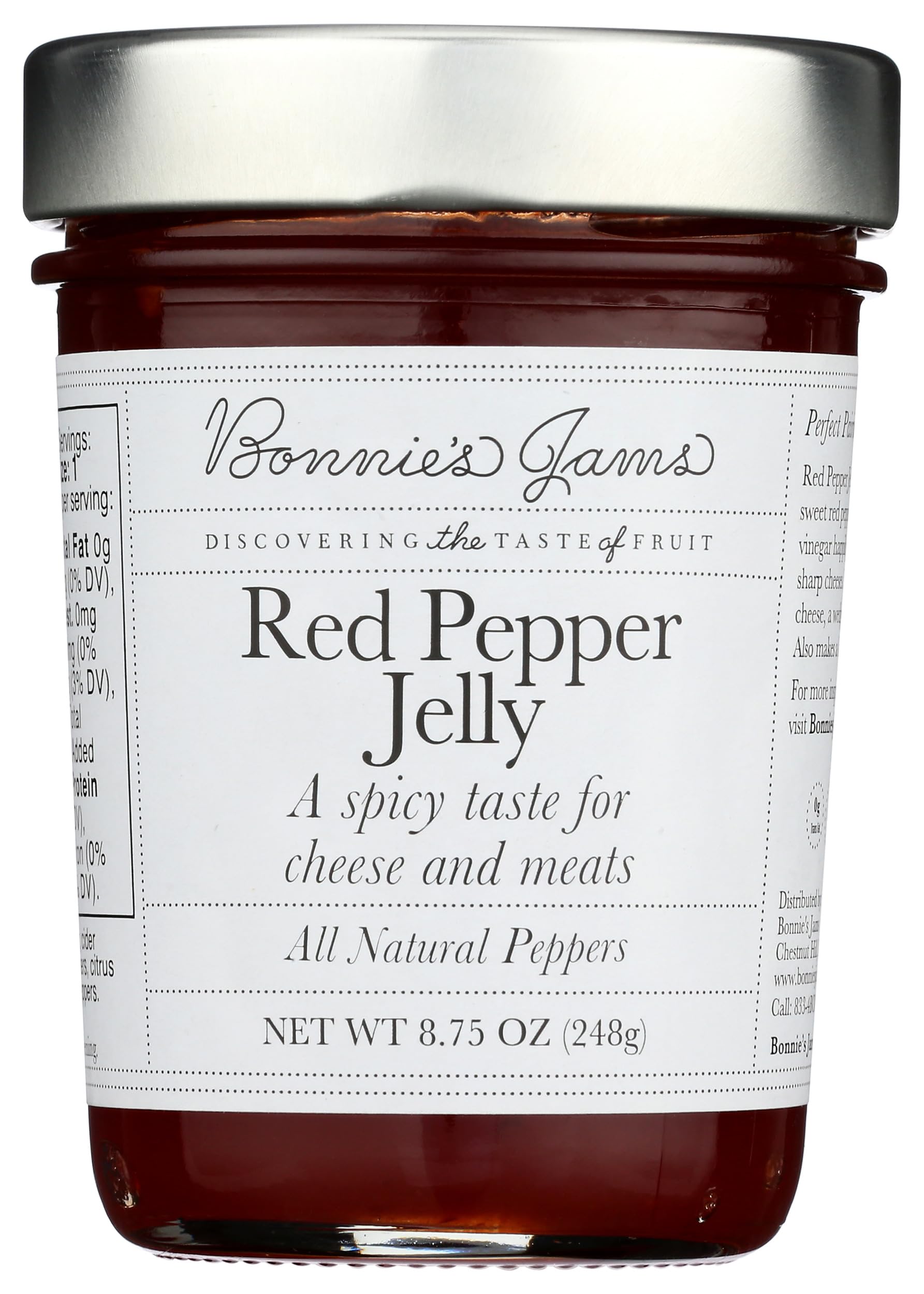 Bonnie's Jams Red Pepper Jelly bottle closeup with glossy glaze for cheese pairing
