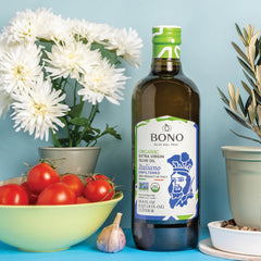 Bono Organic Italian olive oil label artistry signals authentic origin and artisanal quality