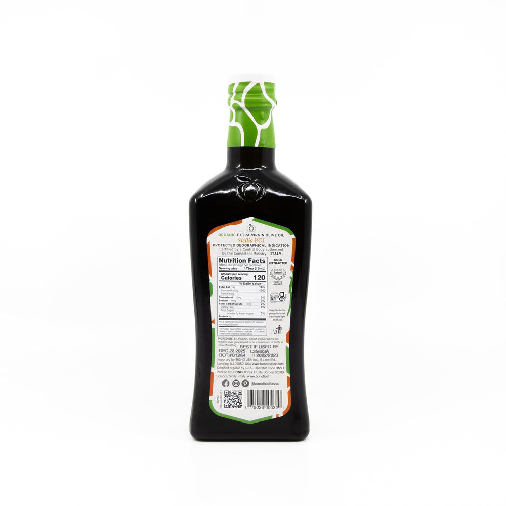 Bono Organic olive oil label closeup showing certification and purity.