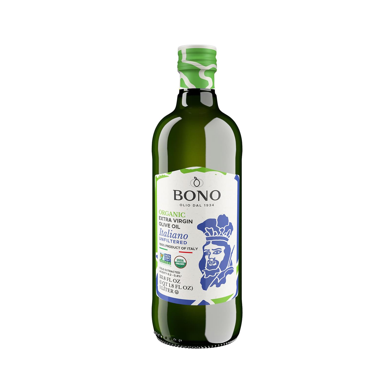 Bono Organic unfiltered olive oil bottle closeup showing bold flavor for finishing sauces