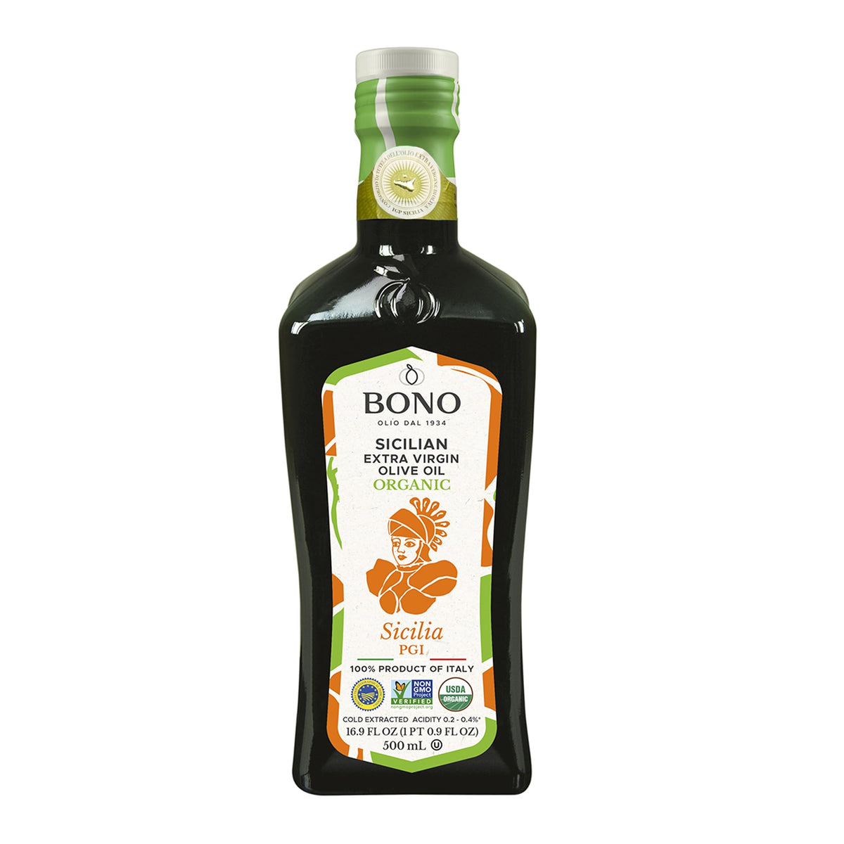 Bono Sicilian EVOO bottle for premium cooking and finishing dishes.