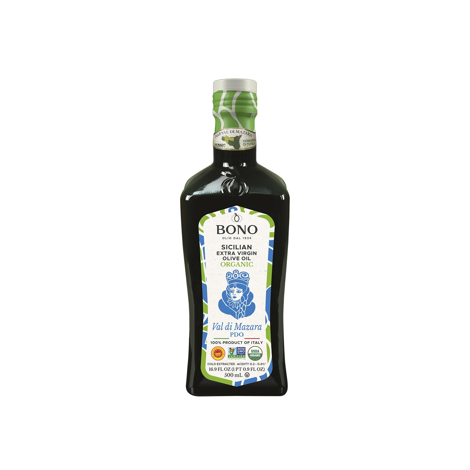 Bono Val di Mazara PDO olive oil bottle, ideal for finishing dishes.