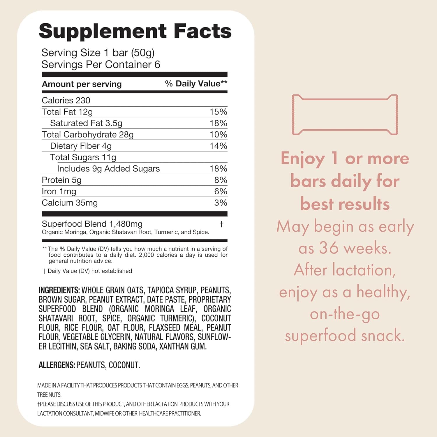 Boobie Bar Milk to the Max ingredients close-up highlighting moringa and flax.