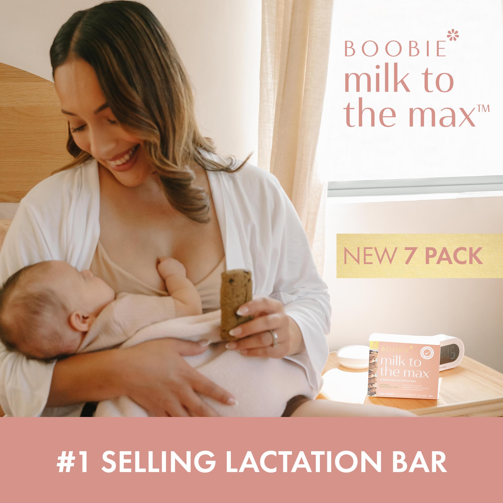 Boobie Brands oatmeal bar on a kitchen counter with tea, convenient lactation support.