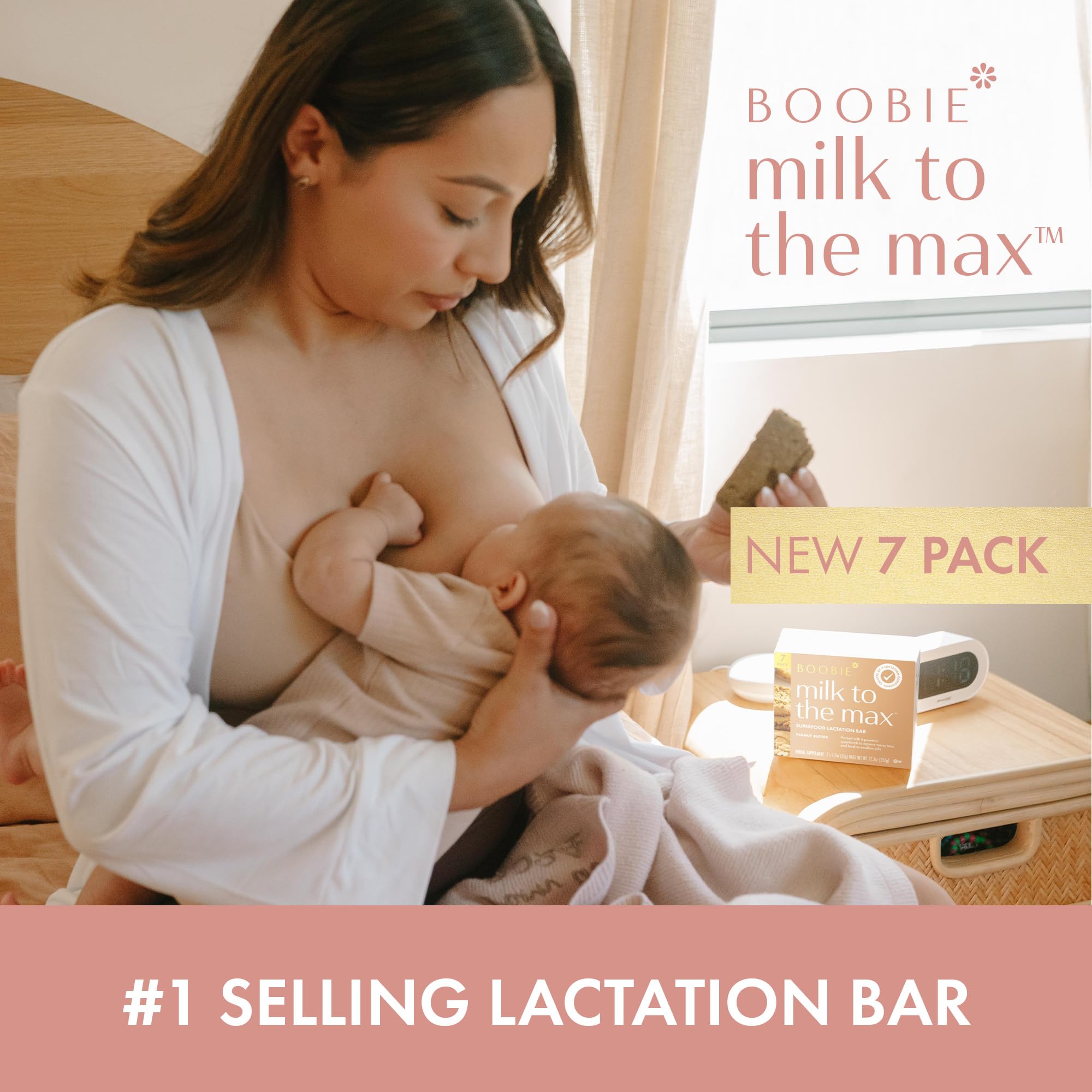Boobie Bar unwrapped on kitchen counter, ready-to-eat snack for busy moms.