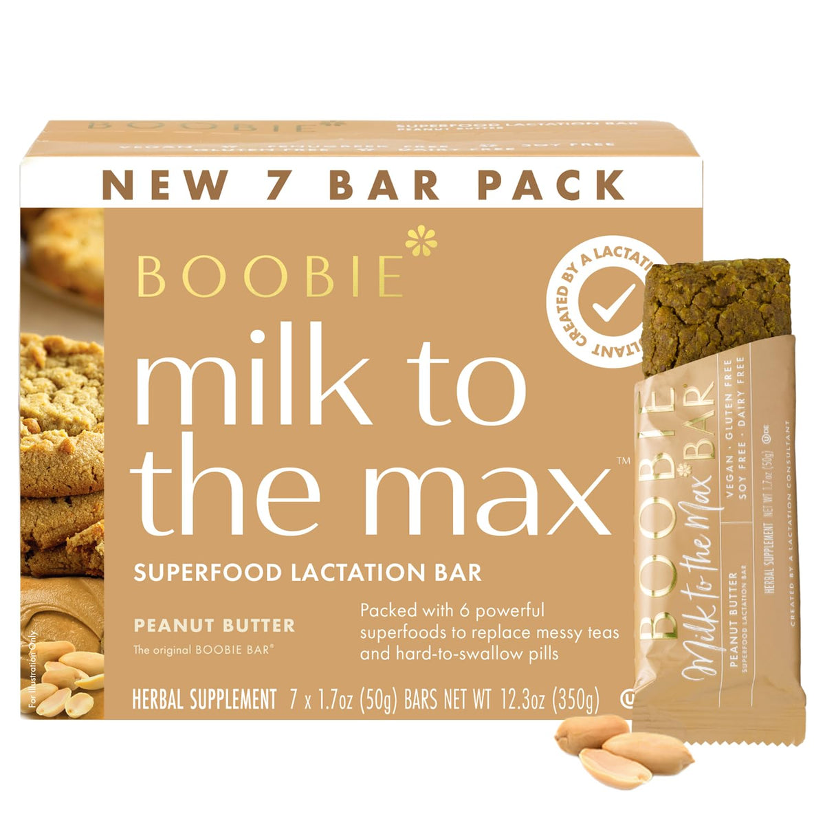 Boobie Bar Superfood Peanut Butter Lactation Bar front view, convenient milk-support snack for nursing moms.