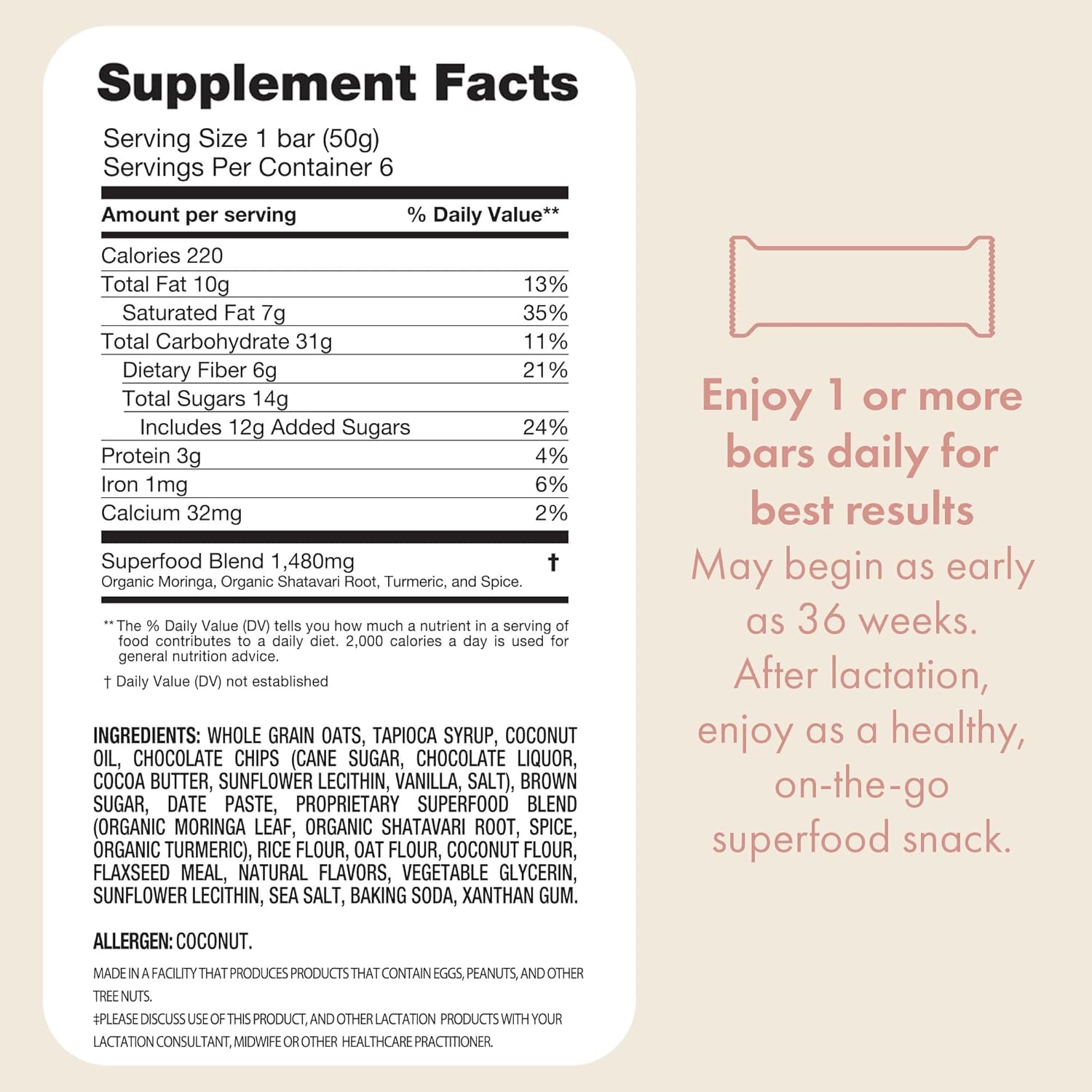 Boobie Brands oatmeal chocolate chip bar closeup, featuring fiber-rich gluten-free nutrition for nursing.
