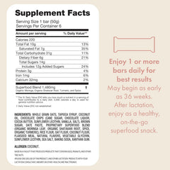 Boobie Brands oatmeal chocolate chip bar closeup, featuring fiber-rich gluten-free nutrition for nursing.