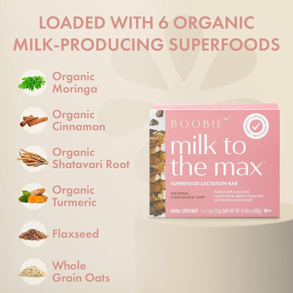 Boobie Brands superfoods blend with moringa and flaxseed shown in the bar image for lactation-friendly nutrition.