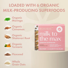 Boobie Brands superfoods blend with moringa and flaxseed shown in the bar image for lactation-friendly nutrition.