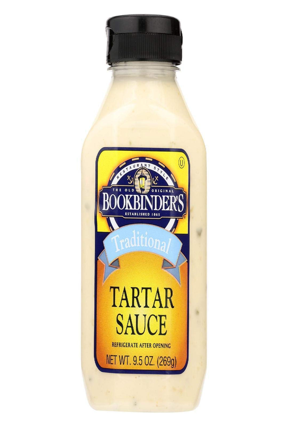 Bookbinder's Sauce Tartar label close-up, gluten-free facility assurance for allergy-conscious kitchens.