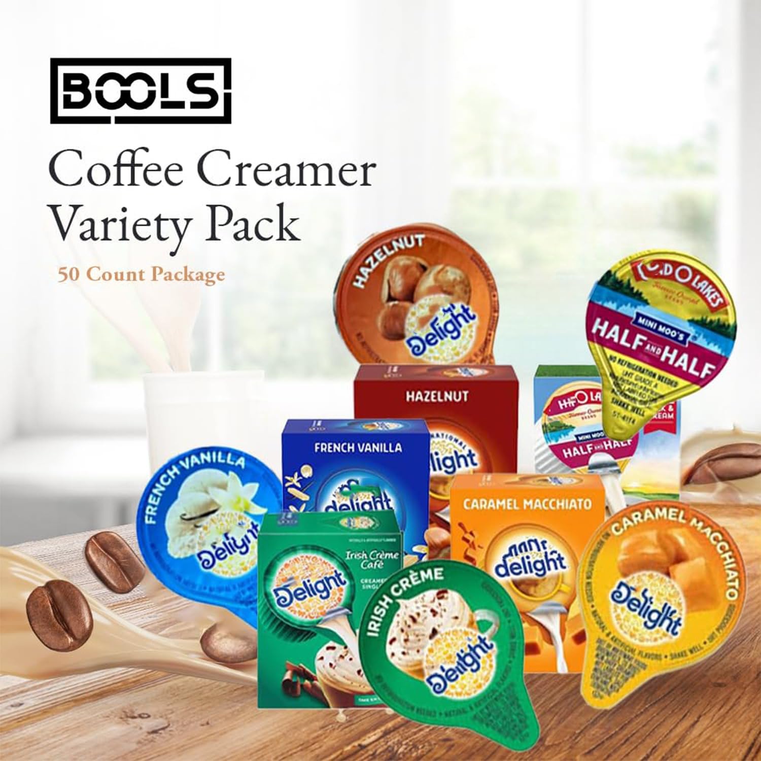 Bools creamer five-flavor display highlights convenient single-serve portions for quick caffeine boosts