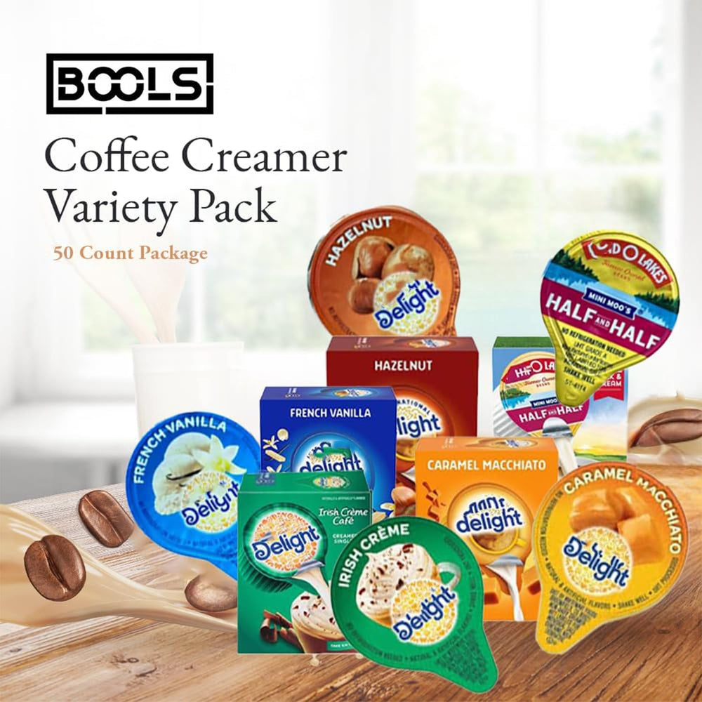 Bools creamer five-flavor display highlights convenient single-serve portions for quick caffeine boosts