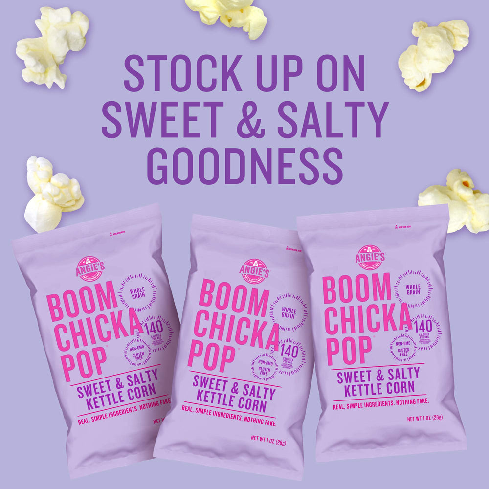 Pack of 24 Angie's BOOMCHICKAPOP bags neatly arranged for pantry stock.