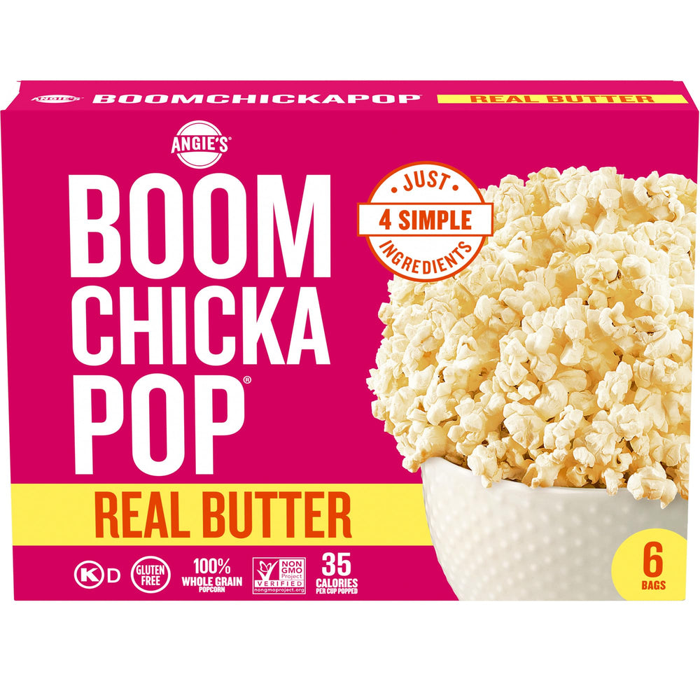 Angie's BOOMCHICKAPOP real butter popcorn box for quick, satisfying snacking.